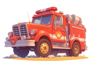 Fire truck in cartoon style. Graphic resource with transparent background for flyers and invitations for children's parties
