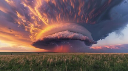 Structured supercell thunderstorm on sunset sky - obrazy, fototapety, plakaty
