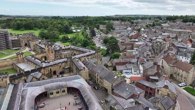 Alnwick, England UK. Aerial View of Medieval Town, Castle and Buildings