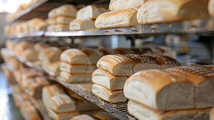 Bread bakery food factory with white bread on shelves - obrazy, fototapety, plakaty