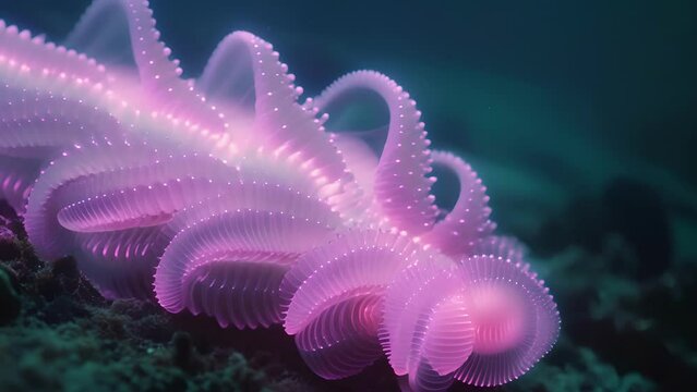 A delicate sea worm shimmers with a soft pink luminescence leaving a trail of gentle light as it burrows through the ocean floor in search of food.