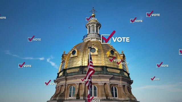 Capitol building dome in United States with American flag. Vote check marks animation over aerial drone shot. Presidential election theme.