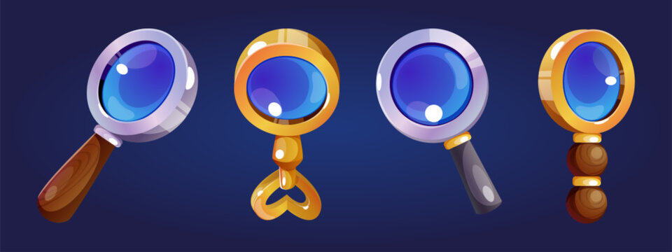 Zoom with magnify glass and search lens icon set. Game lupa to find or focus element. Discover and monitoring information or analyze seo equipment. Scientific detective seek and spy tool design