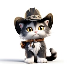 Cute Cartoon Cat In Cowboy Hat. Clipart is a great choice for creating cards, invitations, party supplies and decorations. AI generated.
