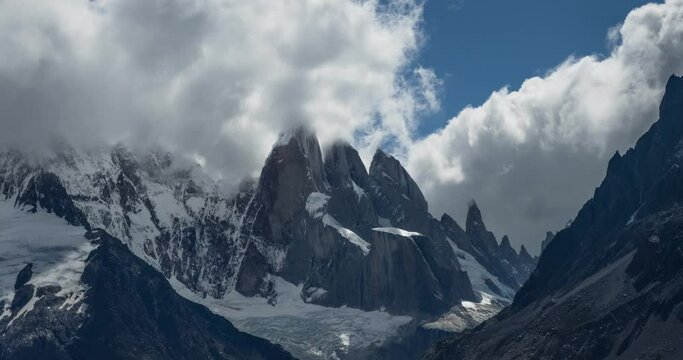 Clouds Over Cerro Torre Mountain In El Chalten, Patagonia, Argentina. - timelapse