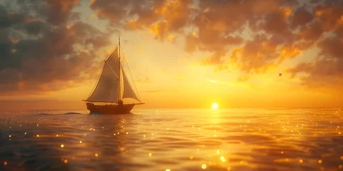 Gordijnen Majestic Sailboat Voyage into a Glowing Sunset Over the Tranquil Ocean © Thares2020