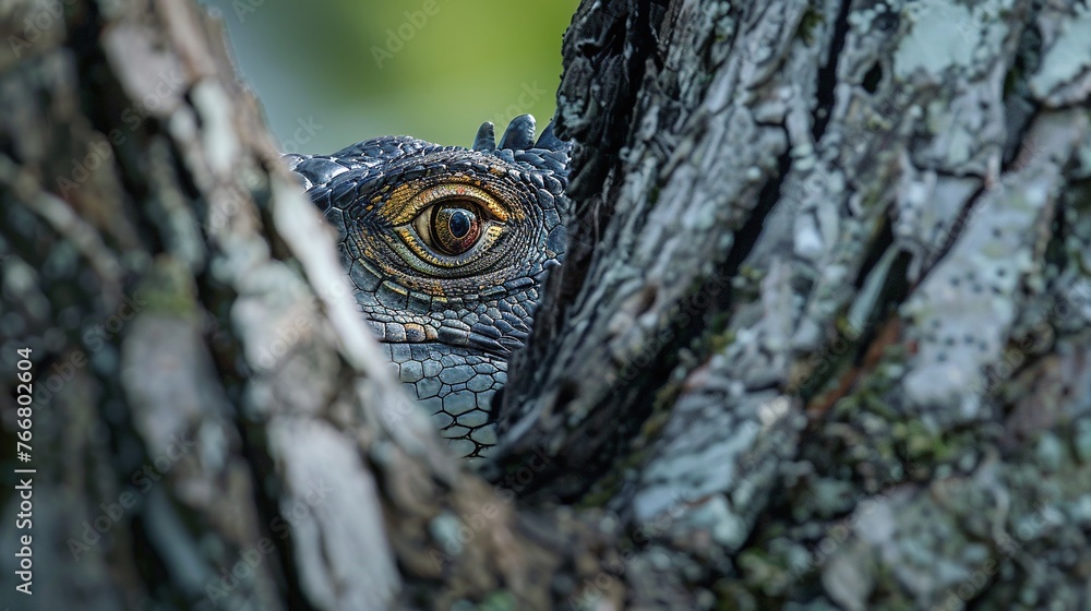Wall mural iguana eye closeup resting on a tree branch illustrating the texture and serene observation of the r