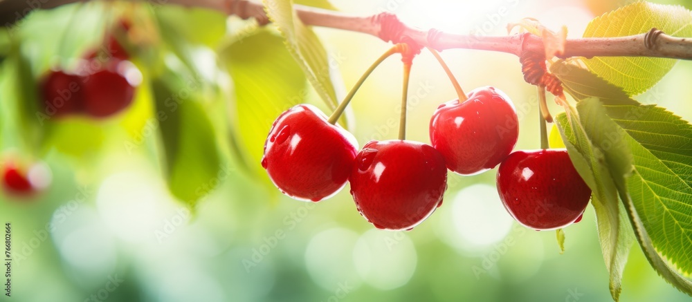 Poster a cluster of seedless cherries dangles from a flowering cherry tree branch, a beautiful display of n