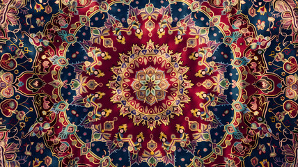 Persian carpet texture with round mandala pattern, Traditional Middle Eastern fabric texture.