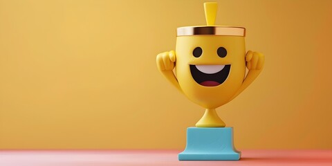 A cheerful and vibrant trophy character represents the excitement and accomplishment of a fitness challenge