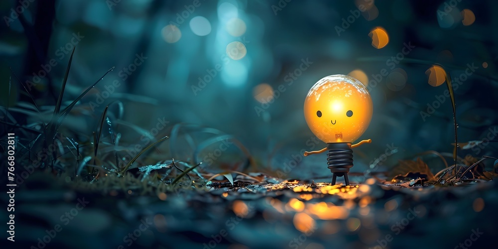 Poster a glowing light bulb character illuminating a mystical forest path guiding the way with bright ideas