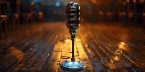 Vintage Microphone on Wooden Stage with Victory Beam of Light