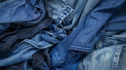 Denim background. Variety of crumpled blue jeans. 