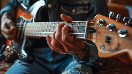 Fototapeta premium guitar closeup of a man hand playing at home illustrating the rhythm and melody created by the musician in a cozy setting