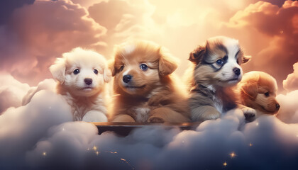 A group of puppies are sitting on a ledge, with one of them being a mix of white - obrazy, fototapety, plakaty