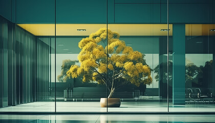 A large tree is in a glass planter in a room with a lot of glass windows - obrazy, fototapety, plakaty