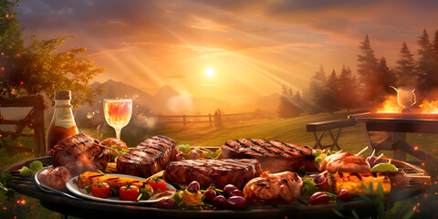 Assorted meat grilling over a bbq cooking food muslims festival eid ul azha recipes sunny sky background - obrazy, fototapety, plakaty
