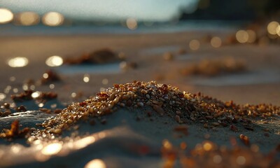 Grains de sable sur une plage, photographie en gros plan ,hyperdetailed, hyperrealistic, - obrazy, fototapety, plakaty