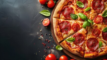 Delicious pepperoni pizza Mozzarella Cheese on a black background - obrazy, fototapety, plakaty