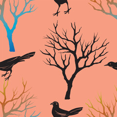 Halloween seamless pattern with leafless trees, and birds. Hand drawn sketch style. Black birds. Vector illustration. - 766803467