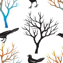 Halloween seamless pattern with leafless trees, and birds. Hand drawn sketch style. Black birds. Vector illustration.