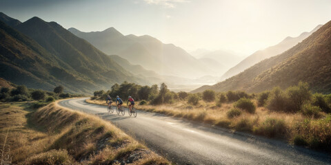 Group of cyclists on a road in the mountains at sunset in summer - obrazy, fototapety, plakaty
