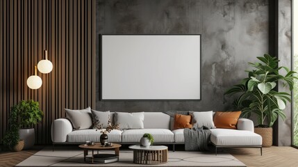 Modern living room with empty photo frame mockup