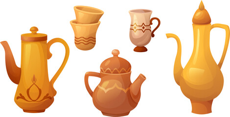Old Arabic teapot and coffee cup Ramadan cartoon. Turkish arab heritage tea pot icon and clipart set. Golden or copper vintage islamic drink hospitality symbol. Eastern traditional oriental pitcher - obrazy, fototapety, plakaty