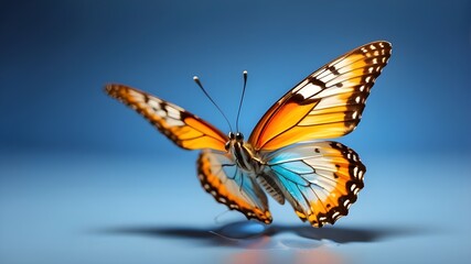 Fototapeta na wymiar Beautiful butterfly in flight, isolated on a translucent background and colored blue, yellow, orange.