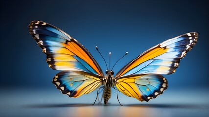 Beautiful butterfly in flight, isolated on a translucent background and colored blue, yellow, orange.