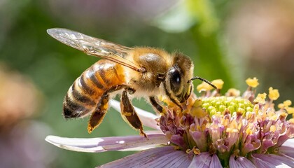 bee on a flower, wallpaper texted queen apis mellifera marked with dot and bee workers around her  life of bee colony