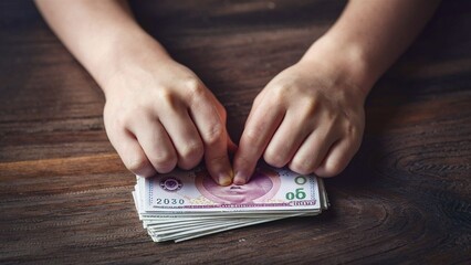 The gentle grip hands on a stack of Turkish Lira currency. - obrazy, fototapety, plakaty