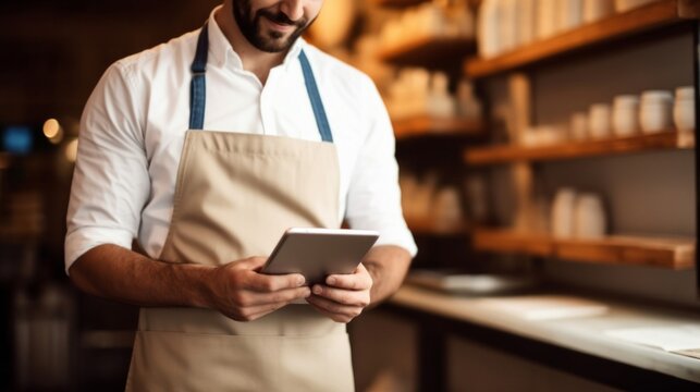 Smiling Male Chef Using Tablet in Restaurant