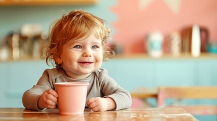 Toddler with Blue Eyes Holding a Cup