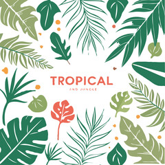 Tropical leaves, plants and jungle. Vector modern floral illustrations of tropic elements, palm leaf, monstered, fern, logo for greeting card, background, banner or label, illustration