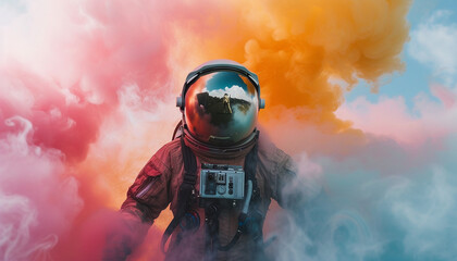 Obraz premium Astronaut in space helmet in the middle of colorful smoke