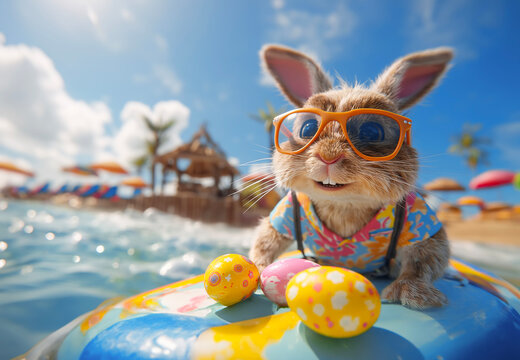 A cute little Easter bunny with glasses is surfing on the beach surrounded by colorful eggs, dressed in summer, and enjoying the bright sunny day with a blue sky and a happy mood.