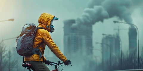Cyclist Navigating Polluted City Skyline with Protective Gear Pedaling for a Sustainable Future - obrazy, fototapety, plakaty