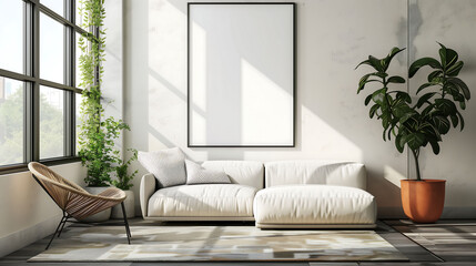 Blank poster frame mockup with minimalist living room interior