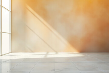 Empty room with orange marble walls and white ceramic floor. 3d rendering