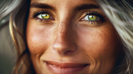 Close-up of a smiling blonde woman with vibrant green eyes and sun tan with freckles - obrazy, fototapety, plakaty