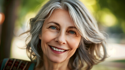 Obraz premium Portrait of a graceful mature woman silver hair and bright blue eyes, offering a warm, inviting smile in sunlit park