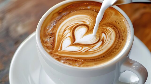 heart shape foam latte coffee in white cup closeup being poured showing beautiful creamy texture and delicious taste