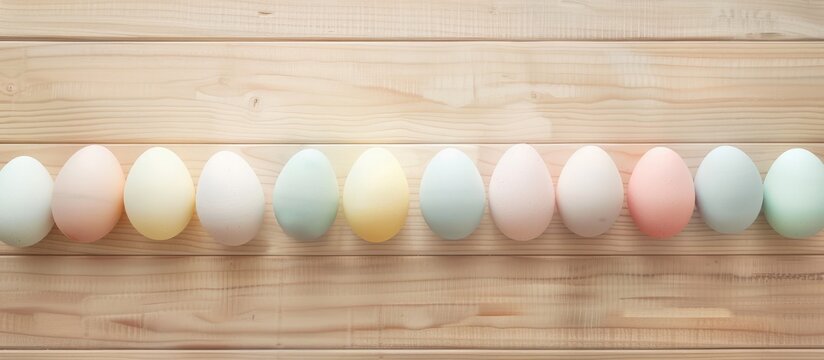 Pastel Easter eggs in an array of colors are displayed on a wooden board background, with empty space around them. The image has a vintage tone to it.