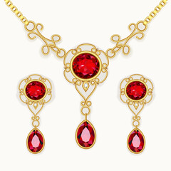 Illustration of a jewelry set of gold earrings with a pendant with precious stones