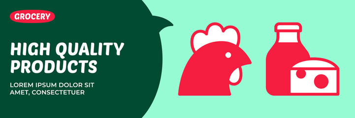 Vector chicken and dairy illustration banner. Poultry meat and eggs icon poster. Design flyer of milk bottle and cheese products. Grocery shop food promo, background, ad, banner, package, logo, label