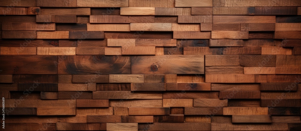 Aufkleber a detailed close up of a wooden wall constructed with rectangular wooden blocks. the brown wood is u