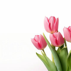 A row of pink tulips with green stems are arranged in a row