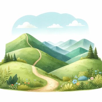 Hiking in scenic mountain trails. watercolor illustration, Perfect for nursery art, Warm summer sunny day.
