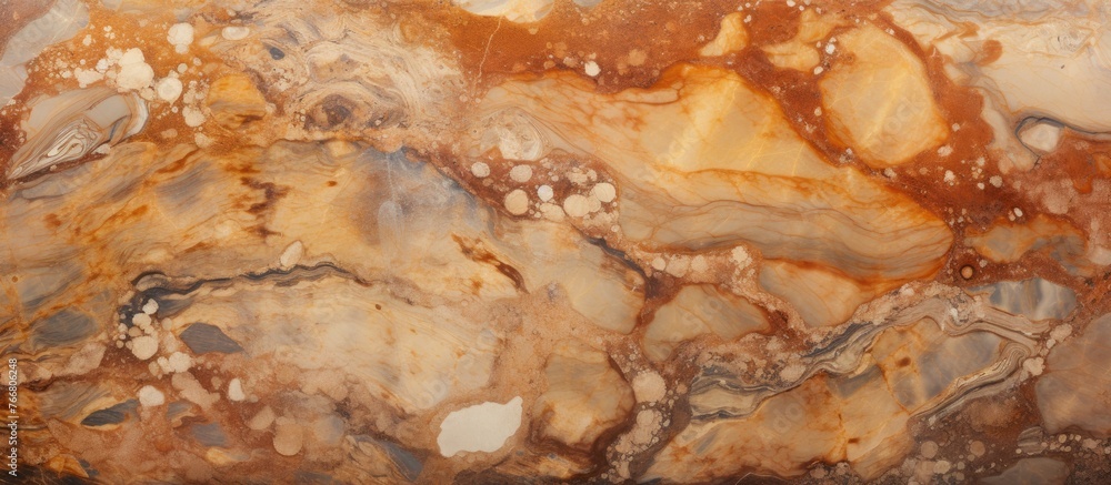 Poster a detailed view of a marble slab showing a mix of brown and white colors with intricate patterns and